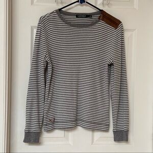Lauren Ralph Lauren Long Sleeve Stripe Top with Brown Suede Elbow Patches size L